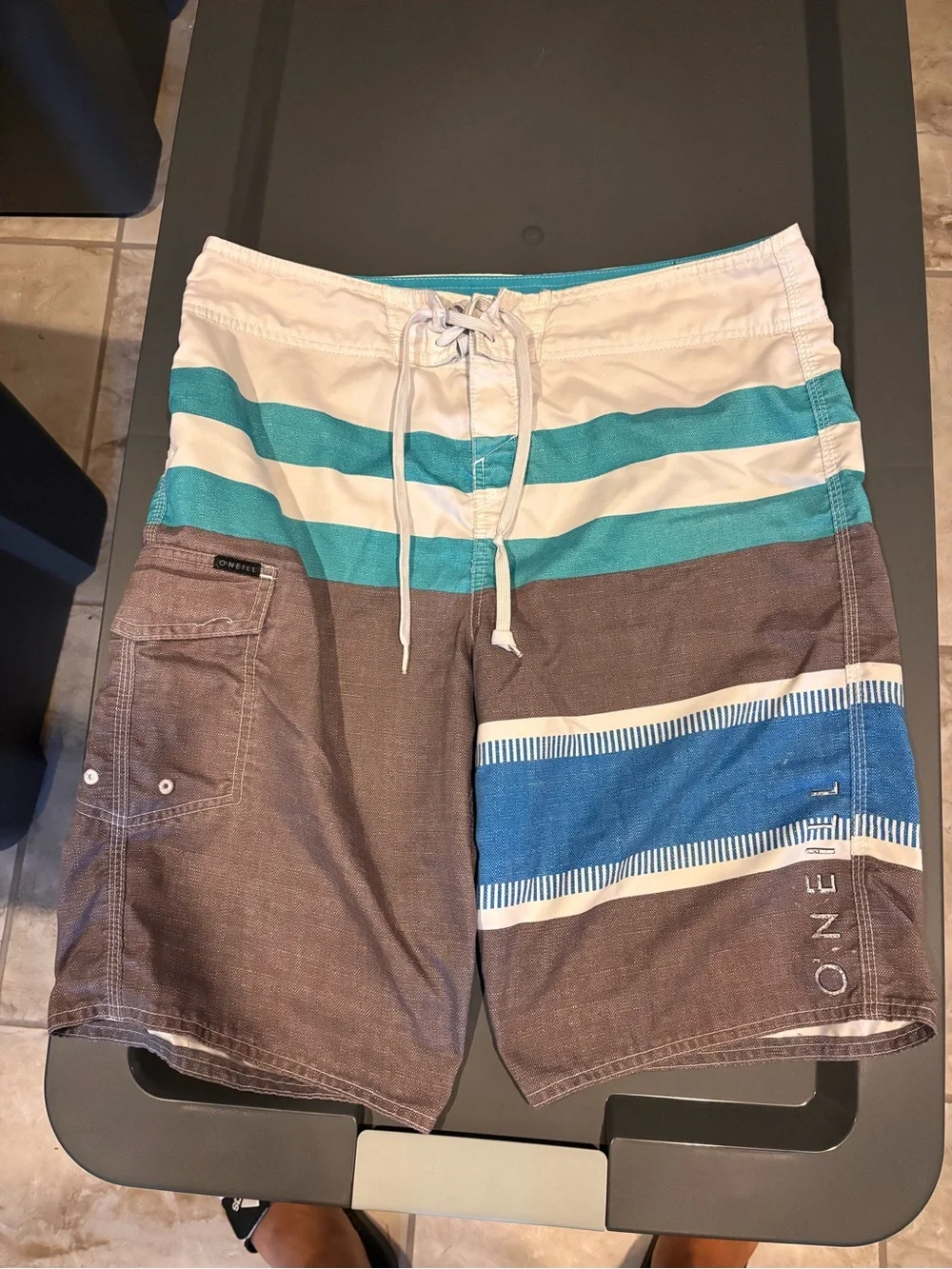O'Neill Men’s Teal, Blue, White and Brown Stripe Boardshorts